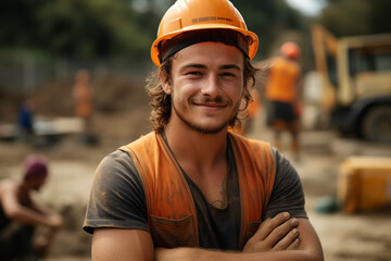 Man in an orange helmet works at a construction site. Generative AI