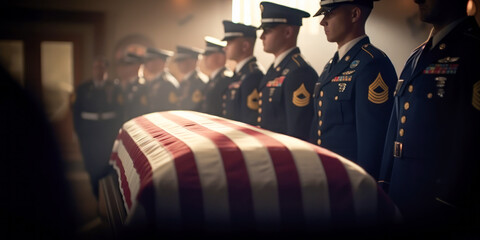 Soldiers around casket draped with USA flag, military funeral. Generative AI