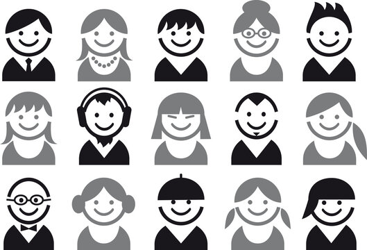 icon set of woman and man faces, vector pictogram