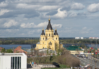 Nizhniy Novgorod, Russian Federation, April 27, 2023, Alexander Nevsky New Fair Cathedral view from...