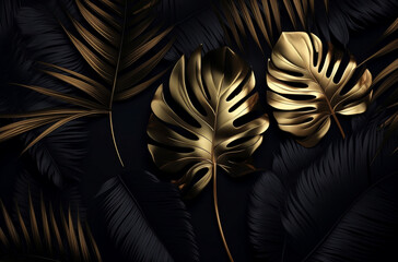 Black and golden tropical leaves on dark background, Generative AI