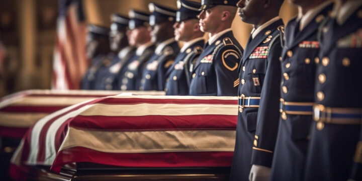 Soldiers by caskets draped with USA flag, military funeral. Generative AI