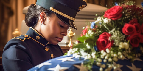 Soldier grieving over casket draped with USA flag. Generative AI