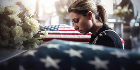 Fototapeta na wymiar Soldier grieving over casket draped with USA flag. Generative AI