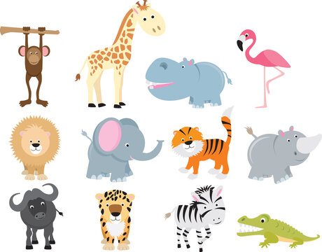 set of animal icons and cartoons of wild animals.