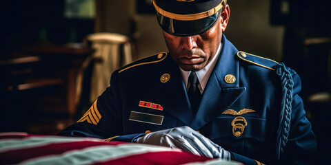 Soldier grieving over casket draped with USA flag. Generative AI