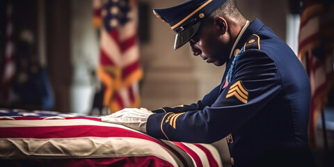 Soldier grieving over casket draped with USA flag. Generative AI