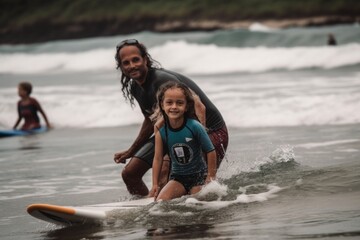 Family on the beach with a surfboard, surfing lesson, Generative Ai