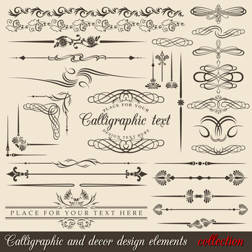 Calligraphic and decor design elements. Vector design corners, bars, swirls, frames and borders. Hand  written retro feather symbols.