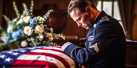 Fototapeta na wymiar Soldier grieving over casket draped with USA flag, military funeral. Generative AI