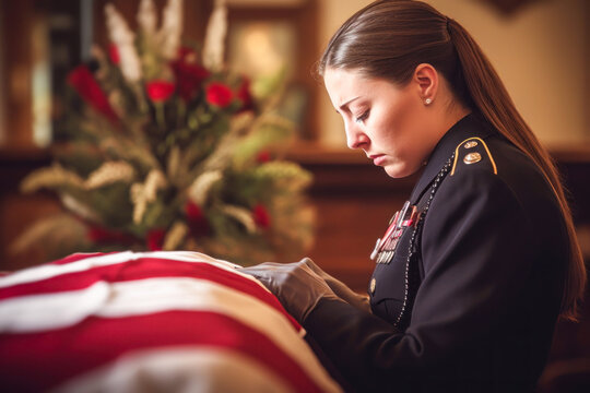 Soldier Grieving Over Casket Draped With USA Flag, Military Funeral. Generative AI