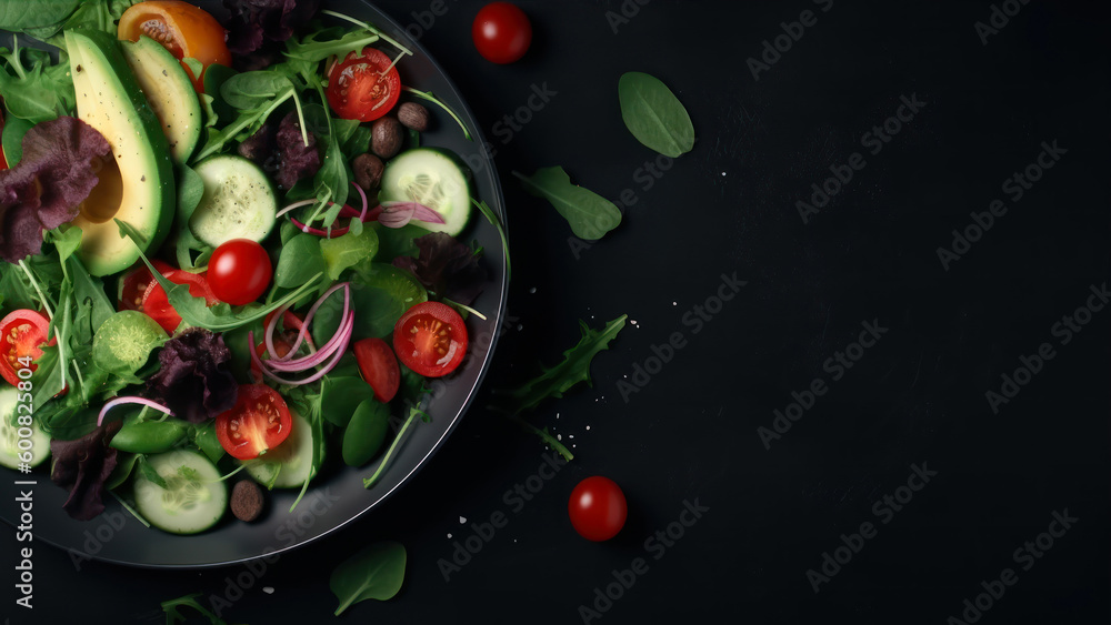 Poster vegetables salad with copy space top view generative ai
