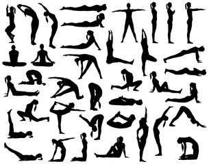 Collection of vector silhouettes of a woman doing yoga