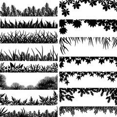 Selection of vector borders and foregrounds of various plants and trees