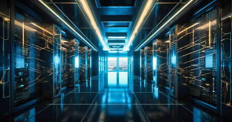 a computer network server room is shown with blue light