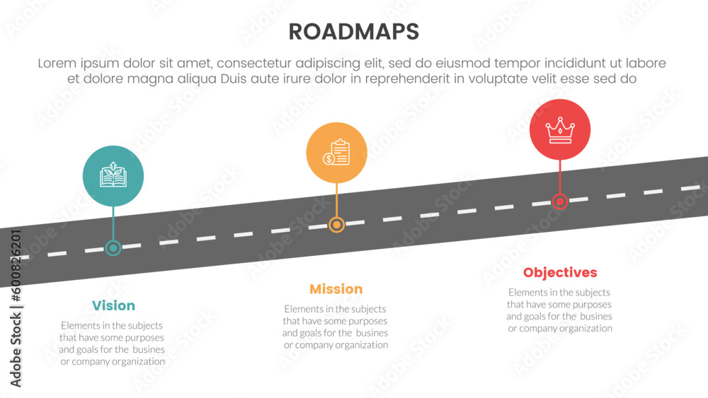 Poster business roadmaps process framework infographic 3 stages with skew road and circle points and light 