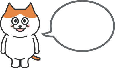 Smiling tabby cartoon cat talks something with a speech bubble. Vector illustration.