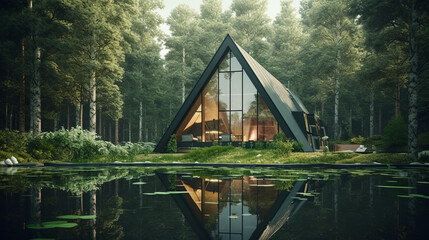 Form of a house-shaped pond located in a lush forest Illustration AI Generative