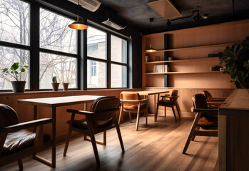 a wood office in a coffee shop with leather chairs