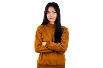 Happy Smiling Young Asian girl standing with her arms crossed isolated on white background with...