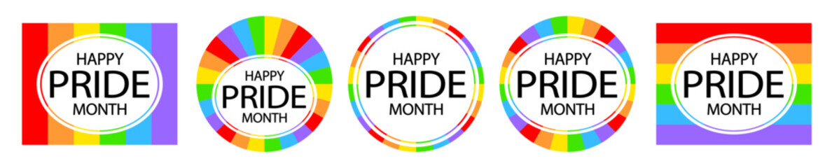 Happy pride month. Set of rainbow icons. Love is love, rainbow flag, lgbt pride. June 2023. Heart-shaped and round logos. Human rights and tolerance