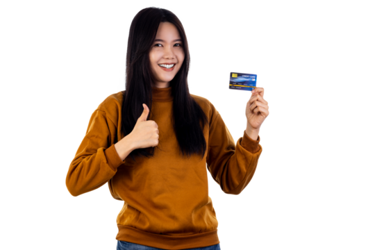 Happy smiling Asian young woman holding credit card show thumb up.