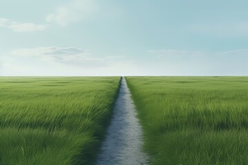 Obraz premium The landscape of grass fields and blue sky road leading off into the distance. Generative Ai.