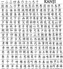 Hundreds of Japanese Kanji Characters With Translations Underneath (Vector) - obrazy, fototapety, plakaty