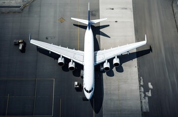 A top aerial view of an airport terminal and runway with parked commercial airplanes being loaded with supplies and passengers. Business and travel. Generative Ai.