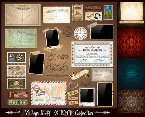 Vintage Stuff Extreme Collection - 3 seamless wallpaper, a parchment, photo frames, adhesive straps, vintage labels, postcards, Ribbon, postage stamps and so on