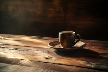 Fototapeta na wymiar a cup of coffee sitting on top of a wooden table, Generative AI