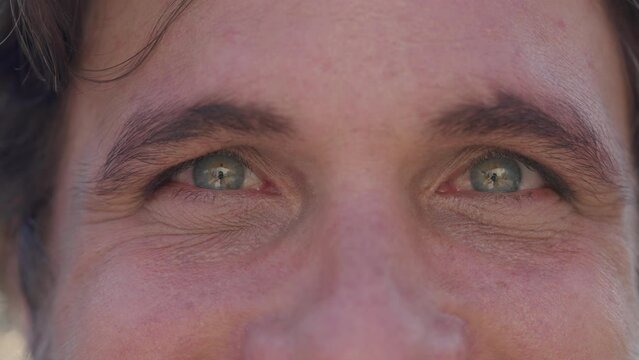 Macro closeup of male person eyes looking at camera. Handsome man in 30s