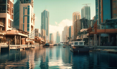 Fototapeta na wymiar a view with tall buildings and water by the canal in dubai