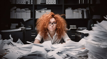 Gestresste Frau im Büro - Burnout, Überstunden, Personalmangel und Zeitdruck, Generative AI - obrazy, fototapety, plakaty