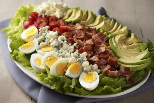 Cobb salad with fresh greens, avocado, hard-boiled eggs, bacon, and blue cheese crumbles