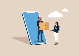 Online delivery. Courier on smartphone screen gives box to customer. Woman receives box from shipper. Food delivery services. Flat vector illustration.