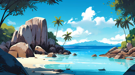 Illustration of a beautiful tropical island with a beach and palm trees - obrazy, fototapety, plakaty