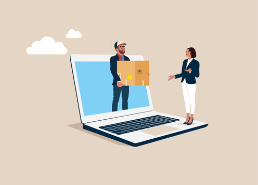 Online delivery. Courier on computer screen gives box to customer. Woman receives box from shipper. Food delivery services. Flat vector illustration.