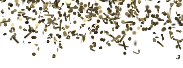 Golden confetti falling down isolated on transparent background.