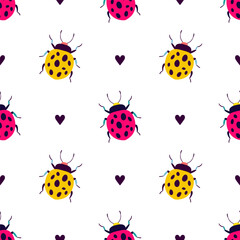 Funny ladybugs with hearts. Seamless pattern with cartoon elements.
