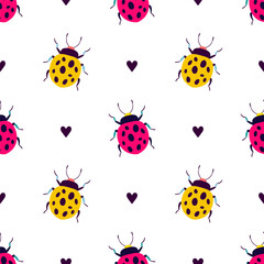 Fototapeta premium Funny ladybugs with hearts. Seamless pattern with cartoon elements.