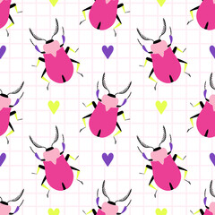 Funny pink bugs with bright hearts on a checkered background. Seamless pattern with cartoon elements.