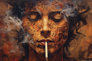 Generative AI. Painting of a boy with tobacco-blemished skin smoking a cigarette. Concept: skin damage caused by smoking. - 600829218