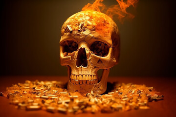 Generative AI. Human skull with fire and smoke surrounded by cigarettes and tobacco remains. concept: harm caused by smoking. World No Tobacco Day - 600829284