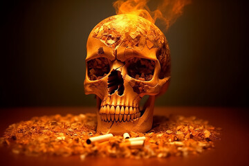 Generative AI. Human skull with fire and smoke surrounded by cigarettes and tobacco remains. concept: harm caused by smoking. World No Tobacco Day - 600829296