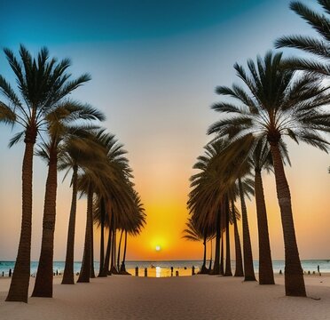 Das Bild zeigt einen atemberaubenden Blick auf Dubai, wo sich die Sonne über dem Meer hinwegsetzt und einen glänzenden Pfad über die Wasseroberfläche zu den sandigen Stränden zieht.
