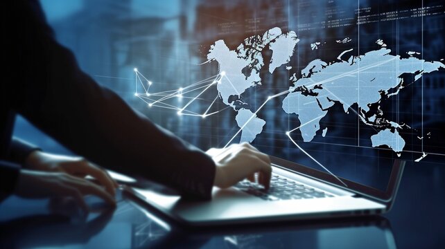 Engineering Using Laptop For Online Tracking, Control, And Distribution With Background Of The World Map In The Business And Technology Future Of Logistics.Generative AI.