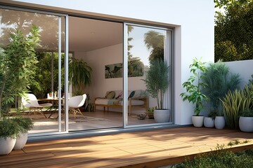 Aesthetic  home entrance with large glass sliding doors with lots of copy space, generative AI