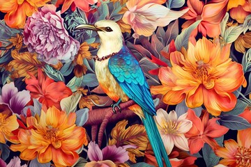 Fototapeta premium Exotic tropical aesthetic pattern with macaws and flowers in bright colors and lush vegetation, generative AI
