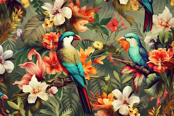 Exotic tropical aesthetic pattern with macaws and flowers in bright colors and lush vegetation, generative AI